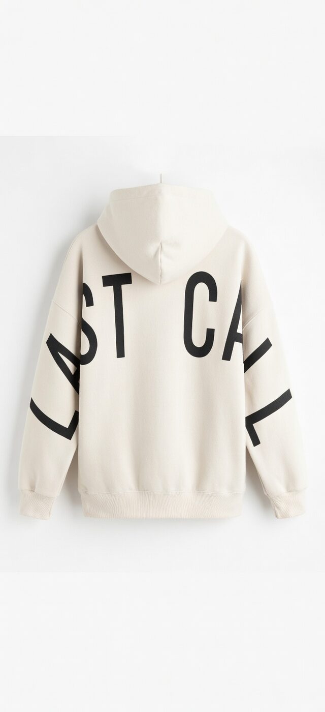 LAST CALL across the back and both sleeves, on a hanger